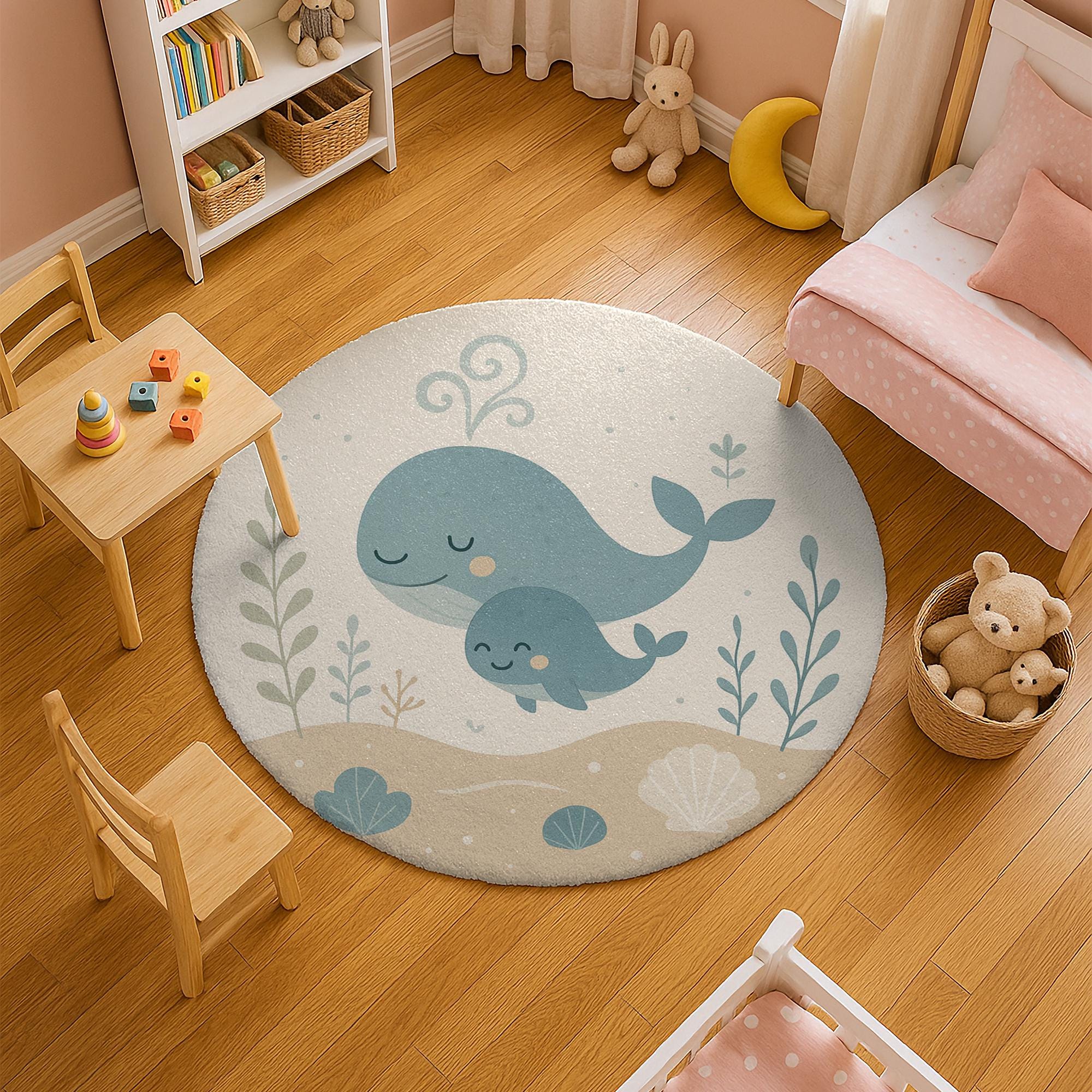 Round Mother & Baby Whale Rug, Washable Coastal Nursery Rug - Etsy