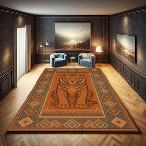 Tiger Rug For Living Room, Bold Animal Print Area Rug, Southwestern Tribal Tiger Carpet, Boho Jungle Theme Floor Decor, Statement Accent Rug