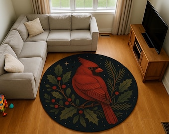 Round Cardinal Rug | Winter Bird Cottagecore Decor