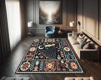Whimsical Witch Rug: Boho Folk Art Moon & Floral Carpet