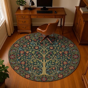 Könnte beinhalten: Ein runder Teppich mit einem Lebensbaum-Design. Der Teppich hat einen dunkelblauen Hintergrund mit einem zentralen Baum-Motiv in Gold, Rot und Grün. Er liegt auf einem Holzboden in einem Home-Office.