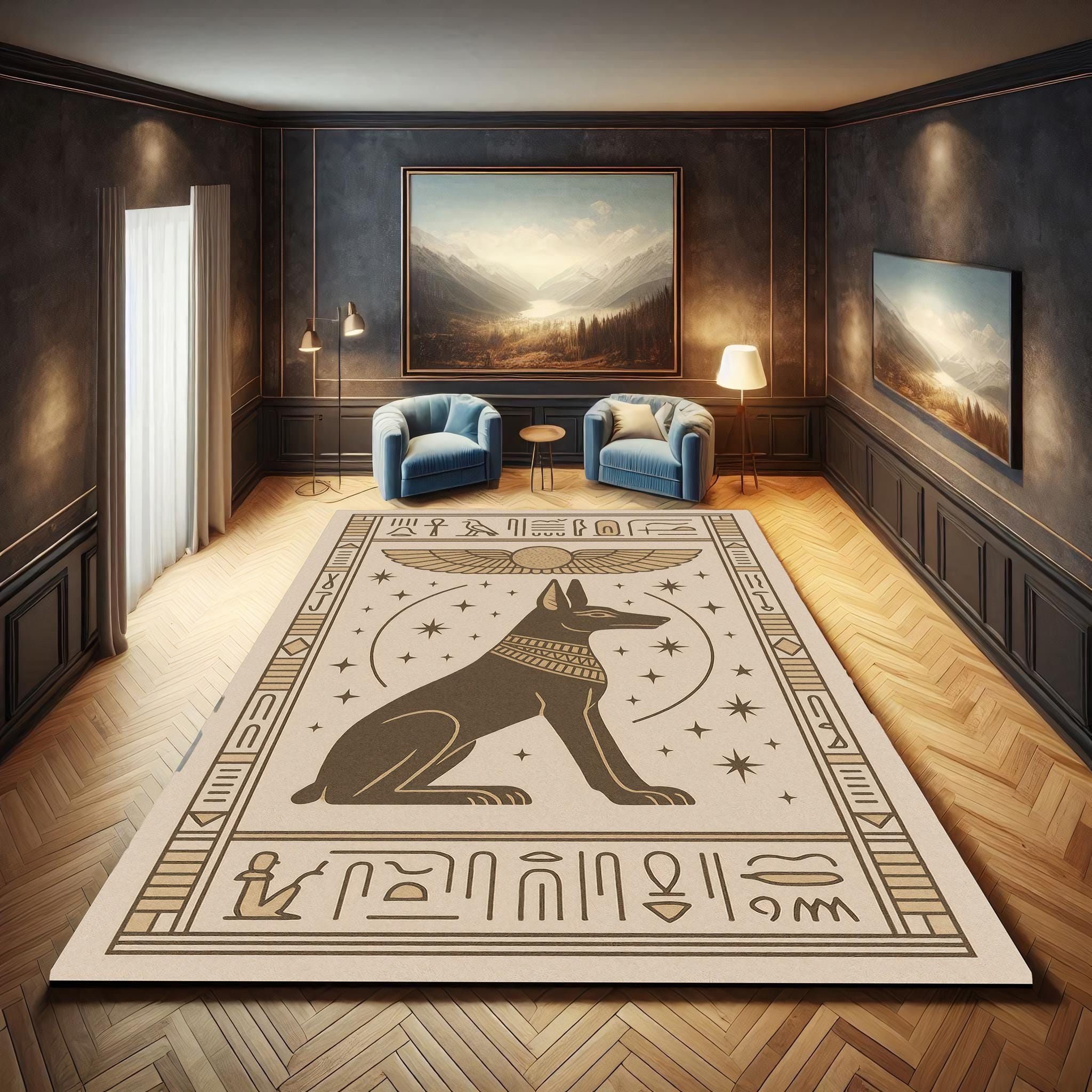 Anubis Dog Rug: Beige Egyptian Decor, Occult Home Carpet