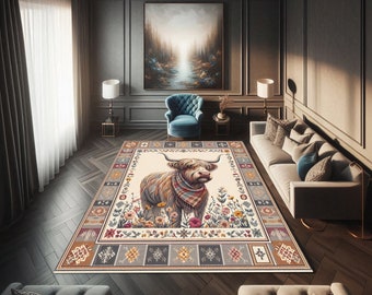 Highland Cow Rug: Plaid Scarf, Floral Farmhouse Accent
