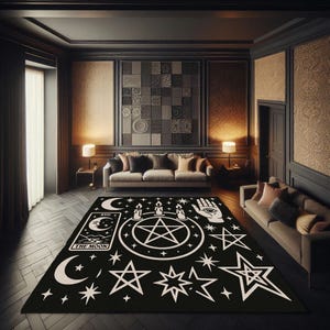 Mystical Pentagram Witch Rug, Occult Moon Tarot Hand Star Rug, Gothic Celestial Black Rug, Wiccan Ritual Decor Rug, Magic Floor Art