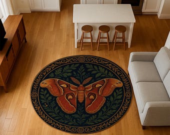 Rust Moth Round Rug: Botanical Ring, Gold Scroll Border