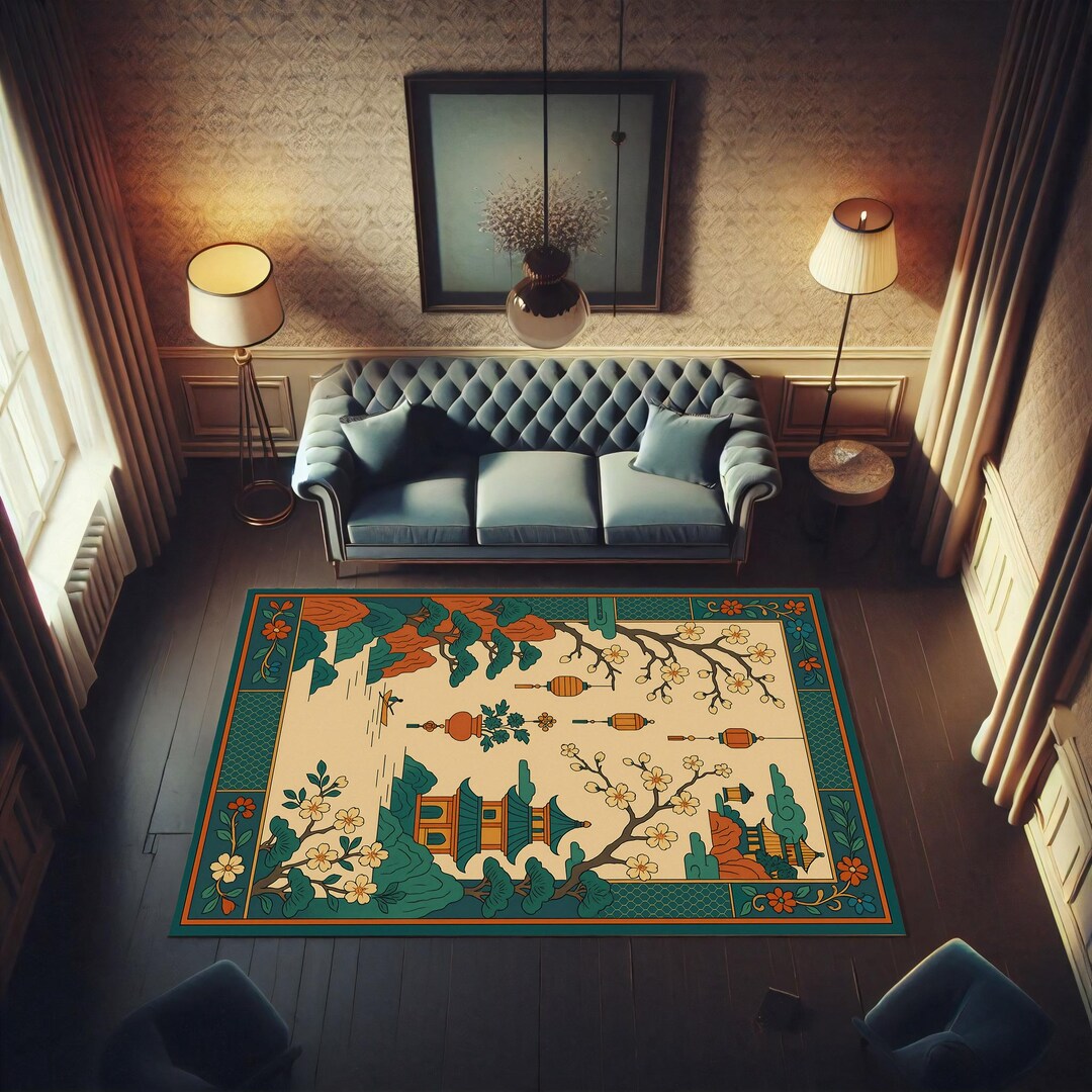 Chinese Art Deco Pagoda Rug: Cherry Blossom Lantern Landscape, Teal and ...