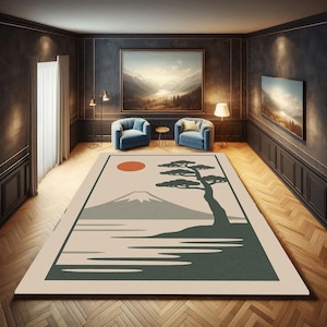Japanese Landscape Rug With Mount Fuji And Sun, Minimalist Zen Nature Design Rug, Asian Inspired Scenic Accent Carpet, Calm Decor Rug
