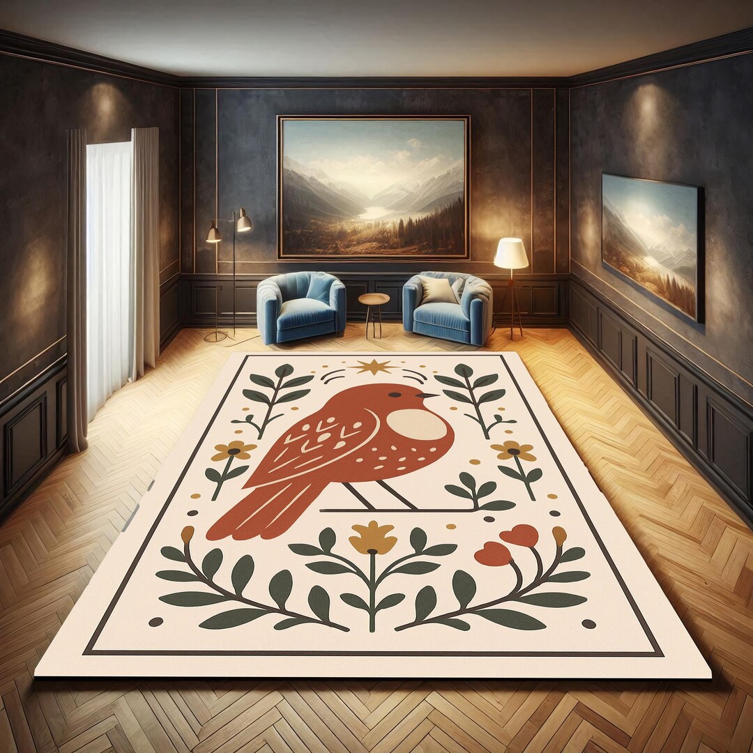 Folk Bird Rug: Scandinavian Nursery Decor, Floral Animal Carpet - Etsy