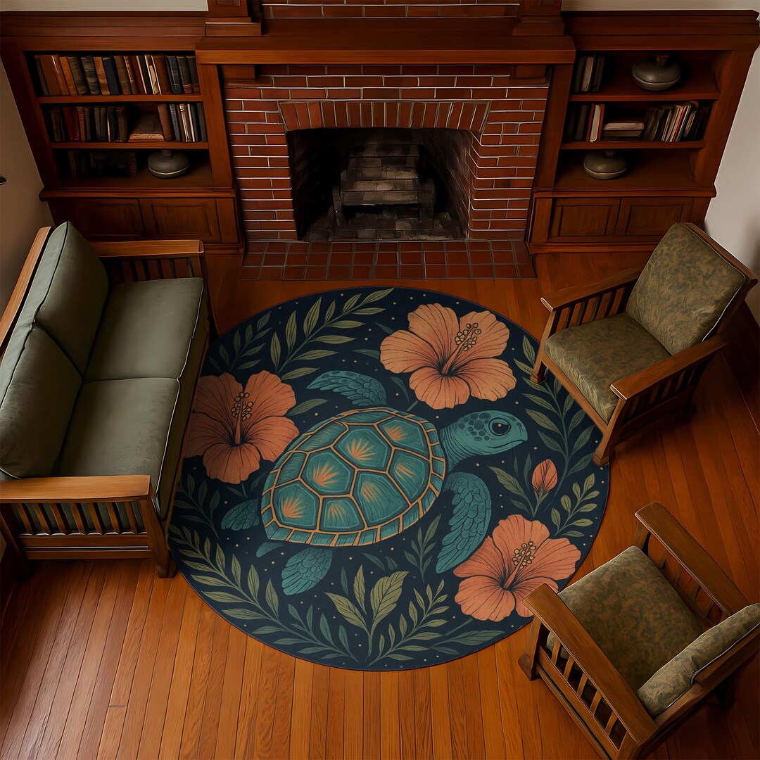 Tortoise Shell Rug Sea Turtle Round Rug: Tropical Hibiscus, Teal & Coral - Etsy