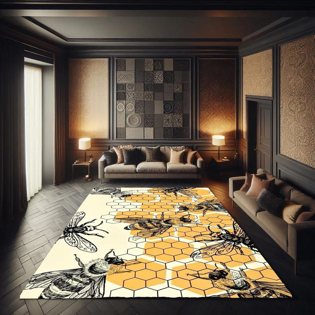 Bee Honeycomb Rug | Yellow Botanical Kitchen Rug - Etsy