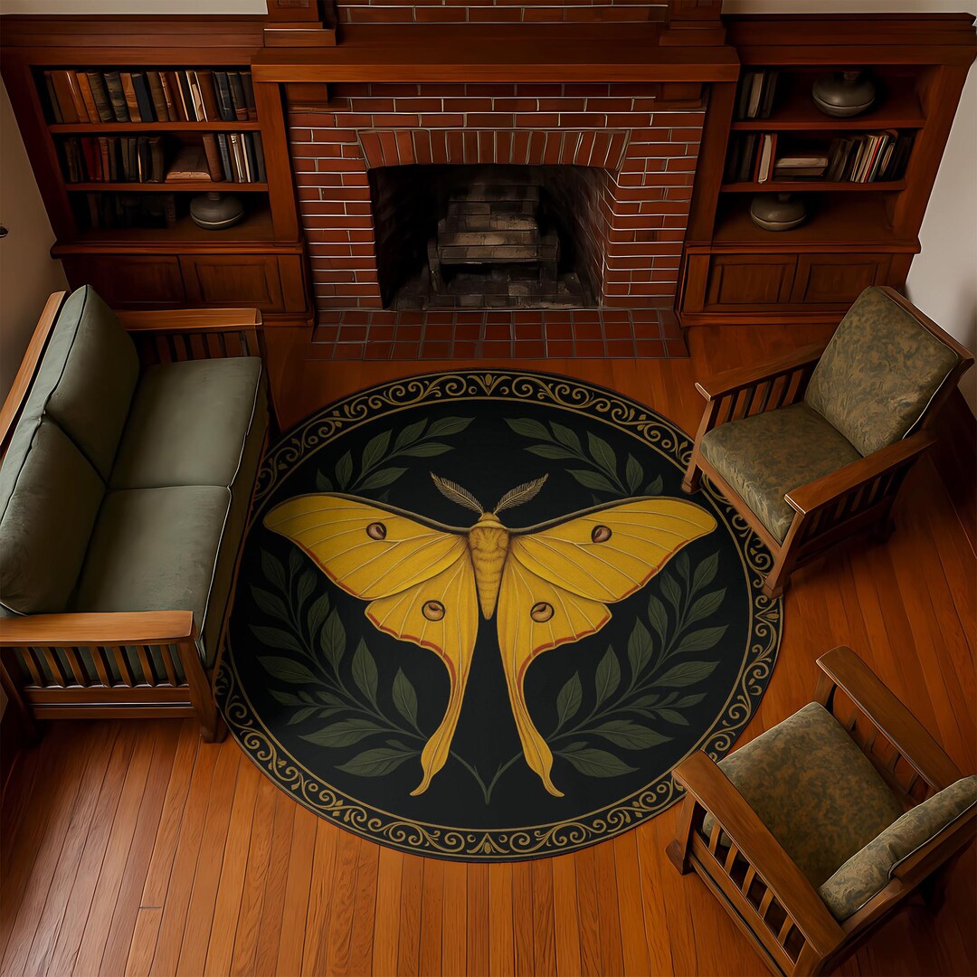 Moth Round Rug: Golden Wings, Laurel Wreath Border - Etsy