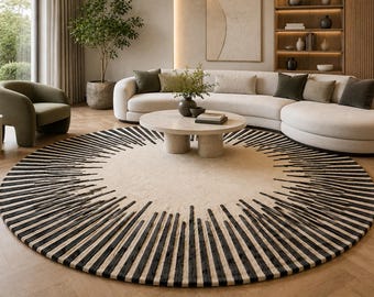 Hand Tufted Wool Sunburst Rug, Black Cream Round Area Carpet, Modern Luxury Designer