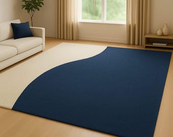 Hand-Tufted Wool Rug, Navy Blue Beige Curve Design, Modern Minimalist Area Carpet