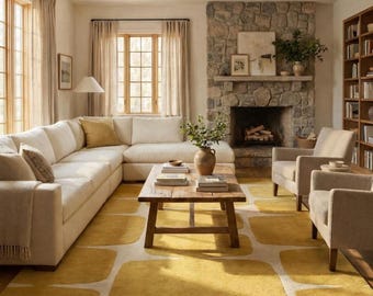 8x10 feet Handmade Tufted Rug, Mustard Yellow Geometric Area Rug, Modern Wool Rug, Luxury Living Room Rug