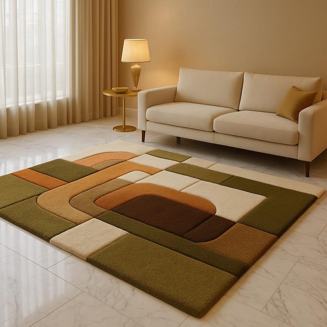 Mid-century Modern Geometric Wool Rug – Retro Abstract Green & Orange ...