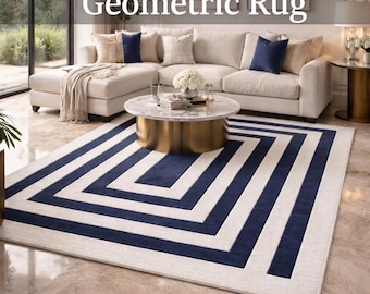 Hand-Tufted Wool Rug, Navy Blue Geometric Statement Carpet, Living Room Bedroom Home Décor