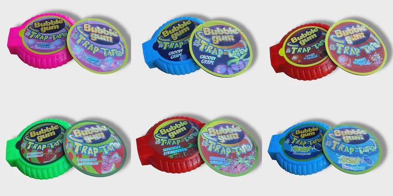 May include: An assortment of colorful Bubble Gum Trap Tape rolls and circular gum containers. Flavors include Groovy Grape, Strawberry, and Tropical. The packaging features the text "Bubble Gum Trap Tape".