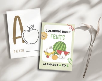 Páginas para colorear de frutas ABC / Plantilla de juego A-Z para niños / Libro para colorear de frutas / Inglés / Descarga digital
