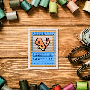 Cross Stitch Charmander Pokémon Character, Beginner Embroidery Pattern, Cute Cartoon Design, Crafting Pattern for Kids,Starter Sewing Design