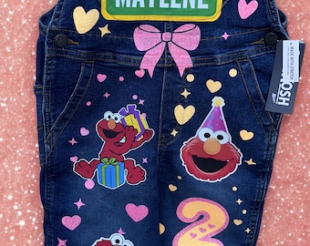 Custom Elmo Girly theme Birthday Overall Outfit Sesame Street