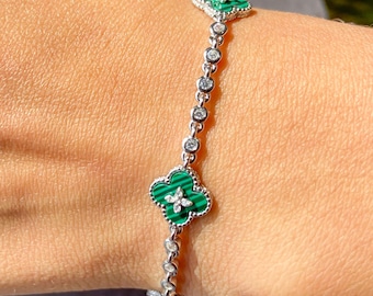 Bracciale trifoglio in oro 14 carati: moissanite a forma di fiore verde, ciondolo floreale portafortuna