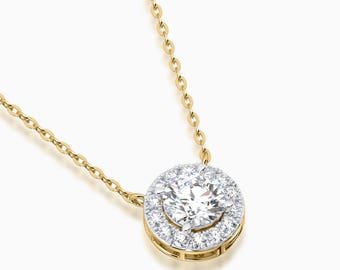 Colgante de moissanita con halo: diamante de talla redonda, collar de oro