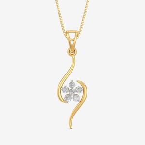 May include: A gold pendant necklace featuring a floral design. The pendant has a curved, flowing shape with a cluster of five round, clear gemstones at the center, resembling a flower. The chain is a delicate gold box chain.