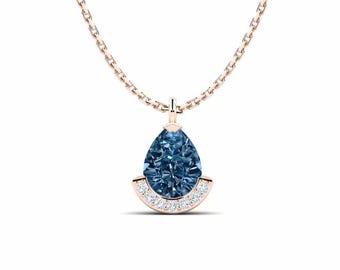1.016 Ct. Pear Cut Fancy Deep Blue Colored Diamond Pendant, 18k/14k/10k Rose Gold Pendant, Pear Cut Diamond Pendant, Wedding Gift for Her