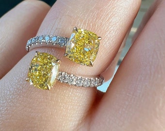 Fancy Yellow Cushion Cut CZ Diamond Solitaire Ring, 18K Solid Gold Rings, Gift For Her