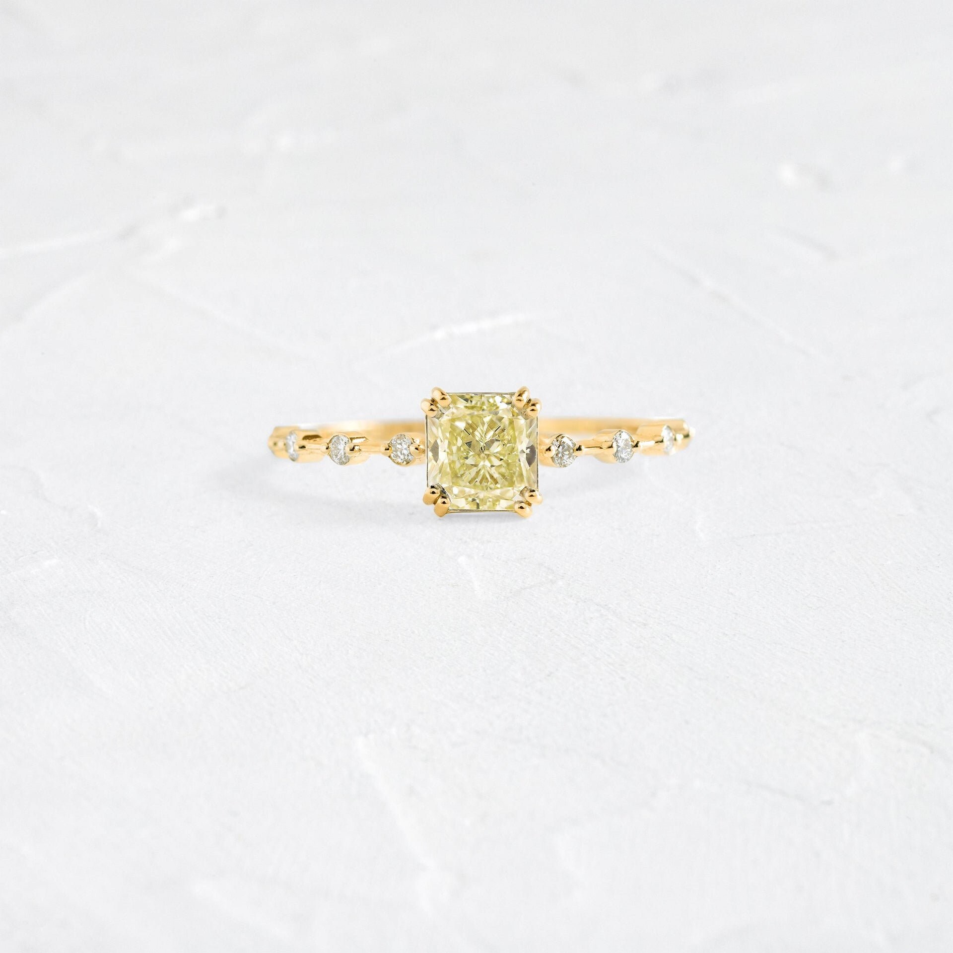 1.2 Ct. Radiant Cut Yellow Color Diamond Distance Engagement Ring, Gold Jewelry, Silver Jewelry, Fancy Color Diamond Jewelry