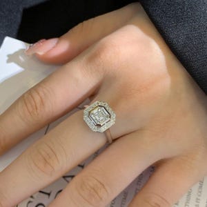 Asscher Moissanite Halo Engagement Ring: 14k White Gold & Diamond Band