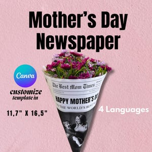 Editable Mothers Day Newspaper Template mothers day printable newspaper newspaper mothers day boquet happy mother day template canva 4 lang