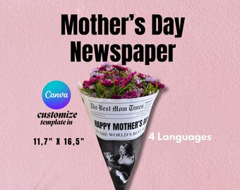 Editable Mothers Day Newspaper Template mothers day printable newspaper newspaper mothers day boquet happy mother day template canva 4 lang