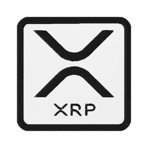 May include: A white square patch with a black border. The patch features a black stylized 'X' with a curved line at the top and bottom. The text 'XRP' is printed below the 'X'.