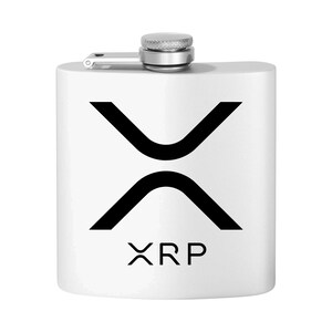 May include: White stainless steel flask with a silver lid and a black XRP logo. The flask has the word "XRP" printed below the logo.