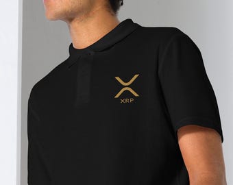 Embroidered XRP Ripple GOLDEN Logo Polo T-Shirt, Chic XRP Polo T-Shirt with Logo Embroidery, Unique Xrp Ripple Shirt, Stylish Xrp Ripple Tee
