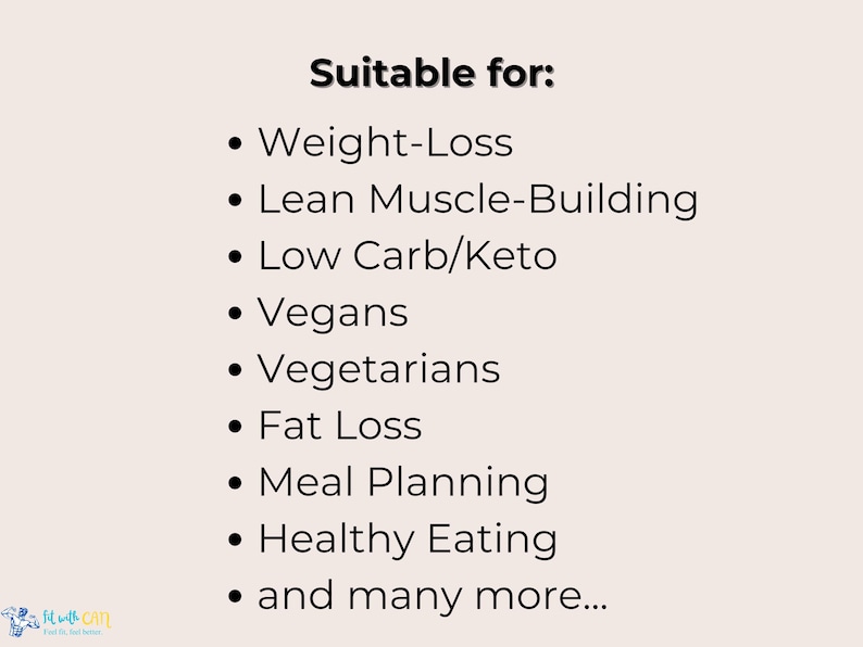 May include: A list of dietary needs and lifestyles that this product is suitable for, including weight loss, lean muscle building, low carb/keto, vegans, vegetarians, fat loss, meal planning, healthy eating, and many more.