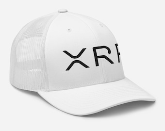 May include: White trucker hat with a black embroidered logo that says "XRP".
