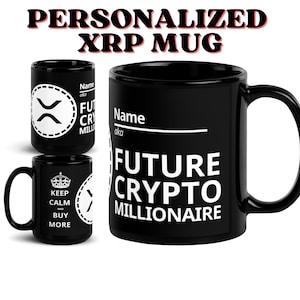 PERSONALIZED XRP Ripple Black Glossy Ceramic Mug - Size Options, Black & White Design, Customizable Xrp Mug, XRP Ripple Gift, Xrp Merch