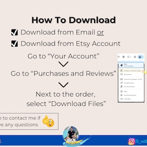 K&ouml;nnte beinhalten: Ein Screenshot eines Computerbildschirms mit Anweisungen zum Herunterladen eines digitalen Produkts von Etsy. Die Anweisungen umfassen das Herunterladen per E-Mail oder &uuml;ber das Etsy-Konto, das Aufrufen von "Ihr Konto", das Aufrufen von "K&auml;ufe und Bewertungen" und das Ausw&auml;hlen von "Dateien herunterladen" neben der Bestellung.