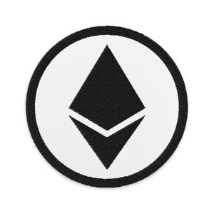 May include: Black and white embroidered patch with a circle outline and a stylized Ethereum logo in the center.