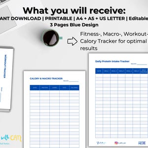 K&ouml;nnte beinhalten: Drei druckbare Seiten mit Fitness-Trackern in Blau und Wei&szlig;. Die Seiten beinhalten einen Trainingstracker, einen Kalorien- und Makrotracker sowie einen t&auml;glichen Protein-Tracker. Der Text "What you will receive: Instant Download | Printable | A4 + A5 + US Letter | Editable PDF 3 Pages Blue Design Fitness-, Macro-, Workout-, Calory Tracker for optimal results" befindet sich oben im Bild.