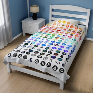 Crypto Blanket with 198 popular Cryptocurrency Logos, White Crypto Logo Bed Throw, Velveteen Plush Blanket, Home Decor, Bitcoin Crypto Gift