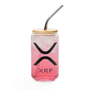 Premium XRP Glass Can 16oz 473ml with Bamboo Lid & Metal Straw featuring BLACK Logo on both sides, XRP Glass, Drinkware, Tumbler, Cup, Can
