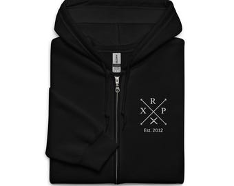May include: Black zip-up hoodie with a white logo that says "RXP Est. 2012".