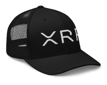 May include: Black trucker hat with a white embroidered "XRP" logo.