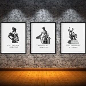 Griechische Mythologie Wandkunst, griechische Götter Wandkunst, Motivationszitate mit Zeus, Aphrodite & Apollo, "Was du denkst, dass du wirst" Zitat Art