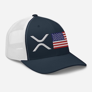 Embroidered XRP Ripple Trucker Hat feat. USA Flag - Black, Navy, Grey Color Options, Xrp Cap, Xrp Logo Hat, Xrp Gift,Xrp Hat,Xrp Merch,MAGA