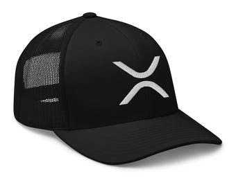 May include: Black trucker hat with a white embroidered X-shaped logo. The hat has a mesh back panel.