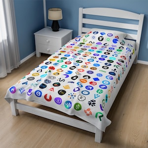 Crypto Blanket with 198 popular Cryptocurrency Logos, White Crypto Logo Bed Throw, Velveteen Plush Blanket, Home Decor, Bitcoin Crypto Gift